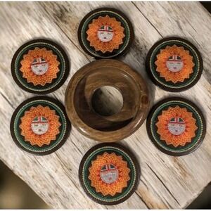 Embroidered Coasters Set Of 6 Medallion Sun God w/ Wooden Holder Aztec Leather